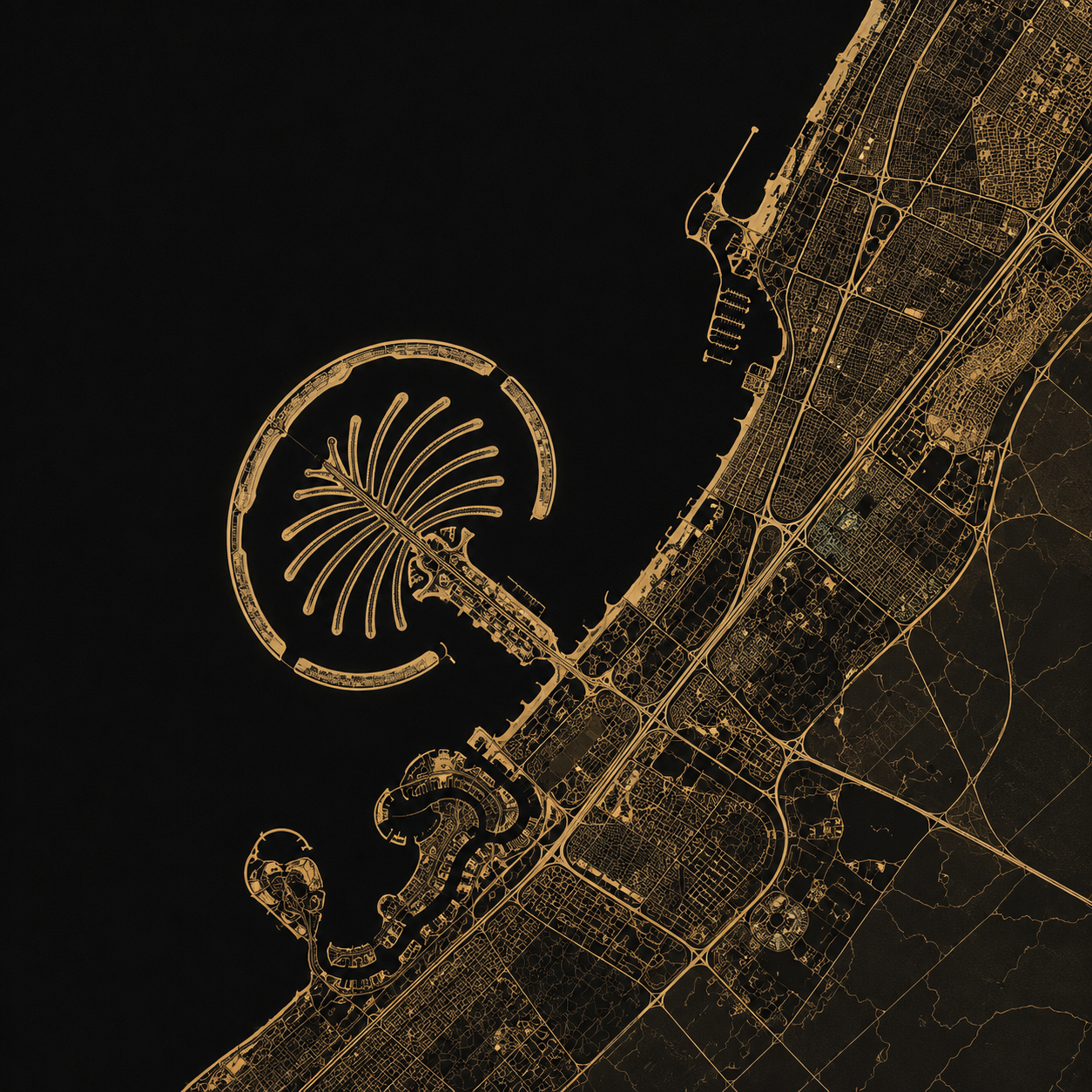 Abstract map of Dubai with a glowing location marker